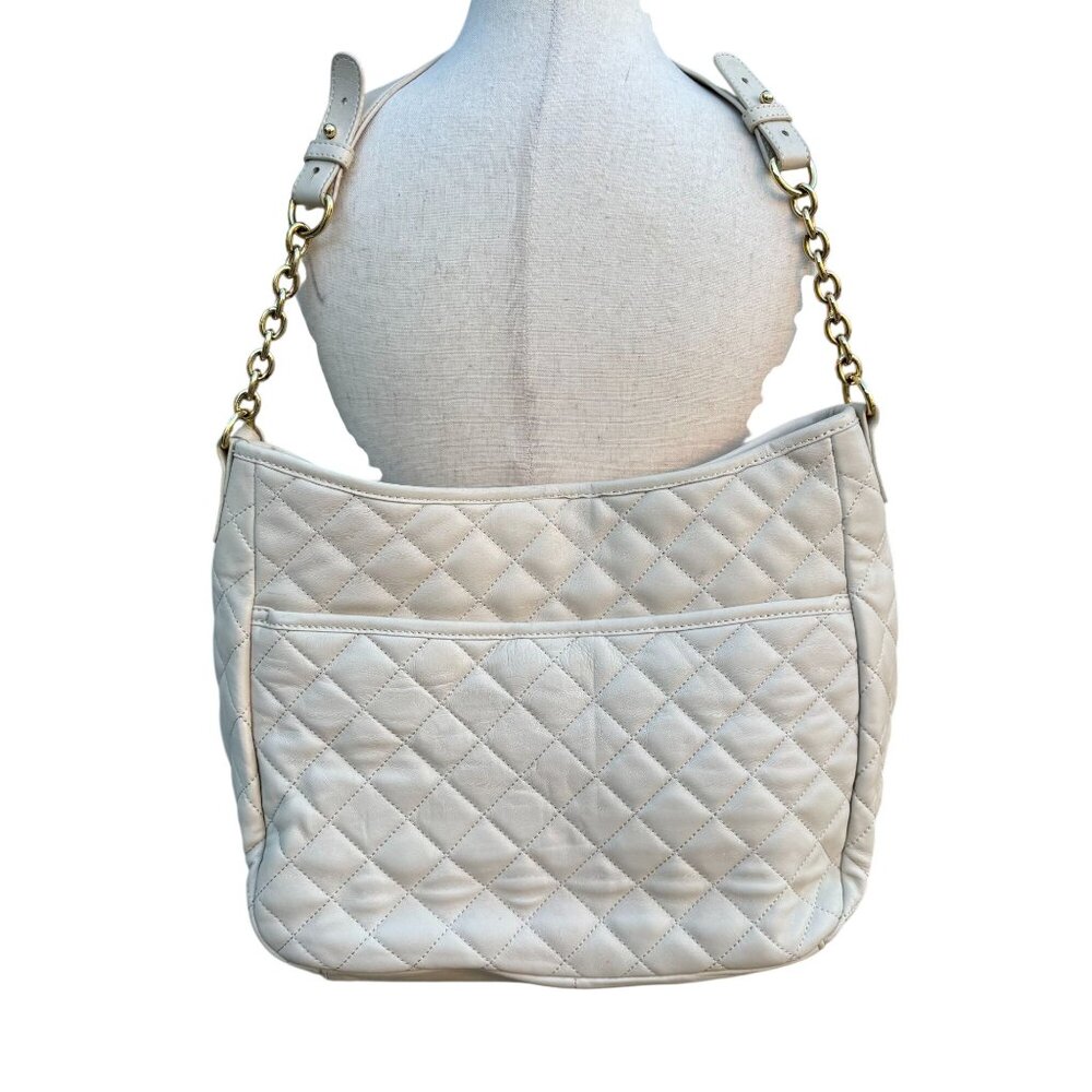 Isaac Mizrahi Quilted Leather Shoulder Bag Tassel Gold Chain Straps Ivory Beige - Picture 5 of 13